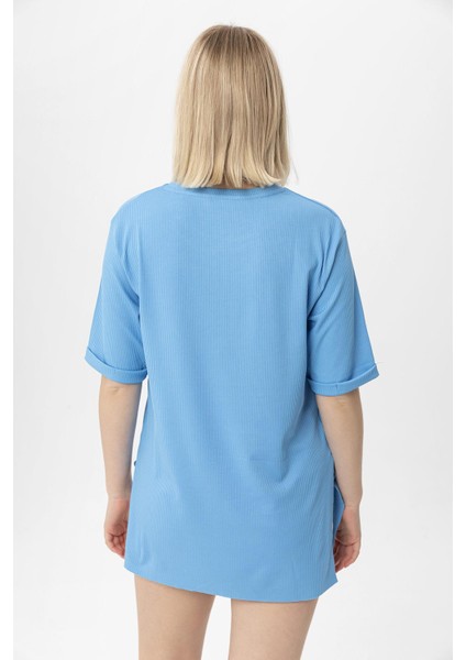 Kadın Yırtmaçlı Fitilli Oversize Uzun Tişört 240045 -