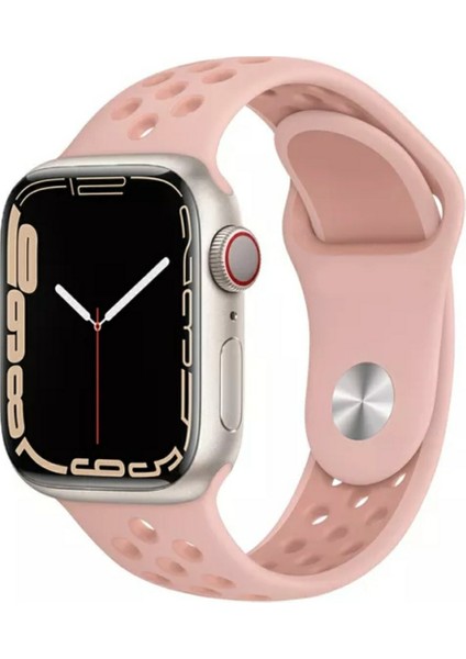 Apple Watch 42 mm / 44MM / 45MM / 49 mm (Seriler /se/ultra ile Uyumlu) Delikli Spor Silikon Kordon Toz Pembe