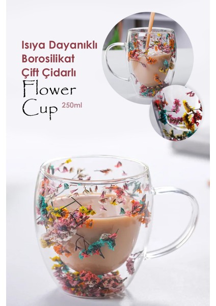 Tekno Trust 1 Isıya Dayanıklı Borosilikat Çift Çidarlı Flower Cup Çiçekli Bardak | Çiçekli Kahve Sunum Bardağı fiyatları