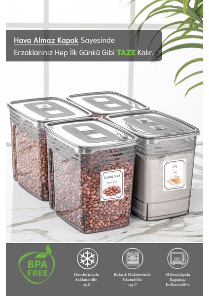 Tekno Trust 20 4'lü 5,5 Litre Jumbo Boy Lena Un Kabı - Kapaklı Erzak Bakliyat Saklama Kabı - Malzeme Saklama Ku