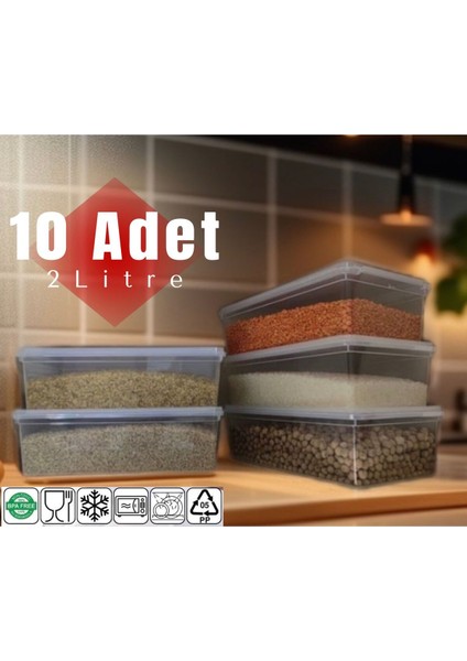 Tekno Trust 10'lu Plastik Kendinden Kilitli- Kapaklı Saklama Kabı Gıda&yemek&derin Dondurucu 2 Litre 10 Adet Pl