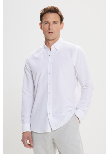 Erkek Beyaz Düğmeli Yaka Tailored Slim Fit Oxford Gömlek