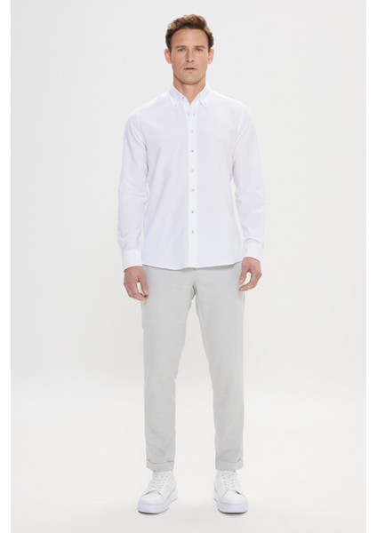 Erkek Beyaz Düğmeli Yaka Tailored Slim Fit Oxford Gömlek