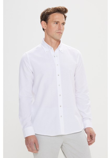 Erkek Beyaz Düğmeli Yaka Tailored Slim Fit Oxford Gömlek