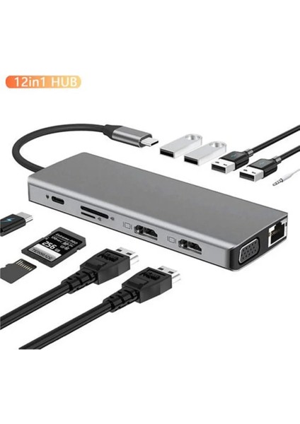 Macbook Pro Air Typec USB Hub Pd Şarj 2xhdmı Sd Tf VGA Girişli 12 In 1 Hub Gigabit Ethernet 1000MBPS