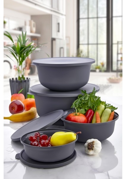 Tekno Trust Plastik 4 Boy Kapaklı Saklama Kabı Seti - Hamur Mayalama Kabı (7,5 Lt + 4lt + 2lt + 1lt) Gri 4 Parç