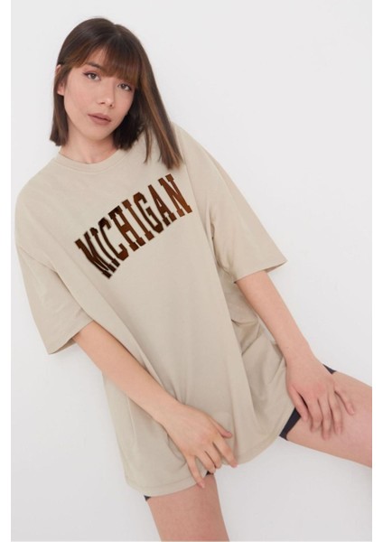 Kadın Bej Mıchıgan Baskılı Tshirt