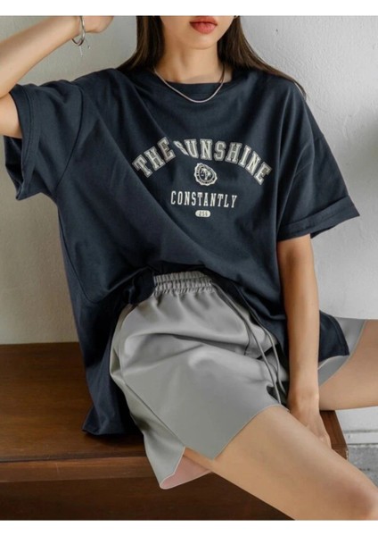 Kadın Lacivert The Sunshine Baskılı Bisiklet Yaka Oversize T-Shirt