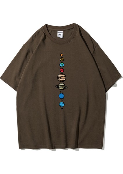 Unisex Kahverengi 9 Gezegen Baskılı Oversize Bisiklet Yaka Tshirt