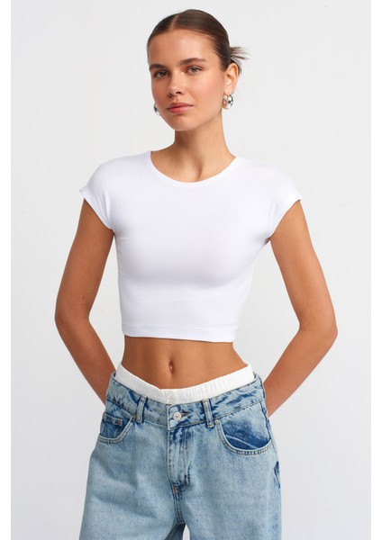 30528 Pamuk ve Modal  Karışımlı Crop Top-Beyaz