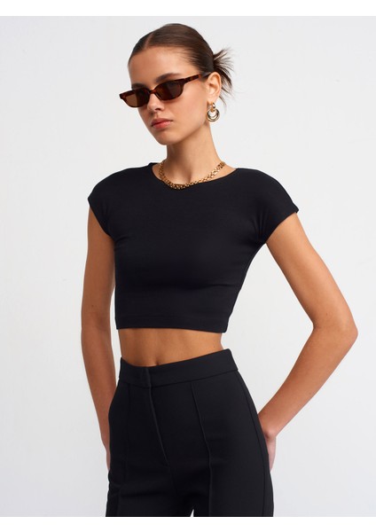 30528 Pamuk ve Modal Karışımlı Crop Top-Siyah