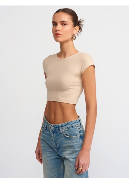 30528 Pamuk ve Modal Karışımlı Crop Top-Açık Bej