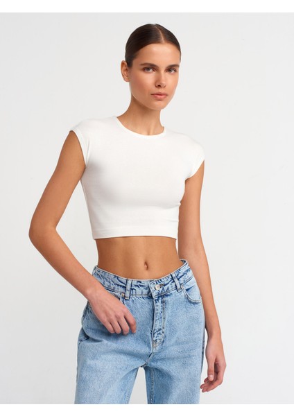 30528 Pamuk ve Modal Karışımlı Crop Top-Ekru