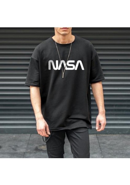 Erkek Siyah Nasa Baskılı Tshirt