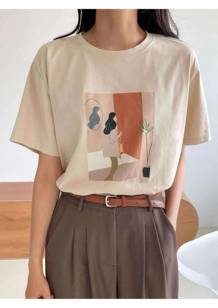 Blacksokak Kadın Bej Kadın Figür Baskılı Oversize Bisiklet Yaka Tshirt