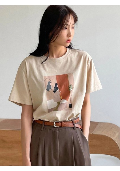 Blacksokak Kadın Bej Kadın Figür Baskılı Oversize Bisiklet Yaka Tshirt modelleri