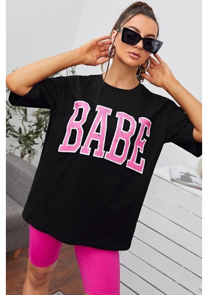 Kadın Siyah Babe Baskılı Tshirt