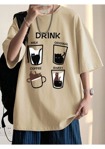 Erkek Açık Kahve Drink Bisiklet Yaka Tshirt