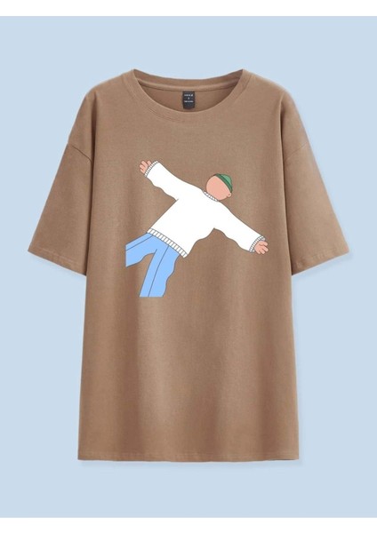 Kadın Açık Kahve Kapustın Oversize Bisiklet Yaka Tshirt