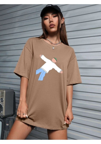 Kadın Açık Kahve Kapustın Oversize Bisiklet Yaka Tshirt modelleri