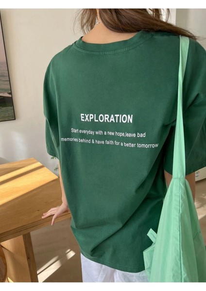 Blacksokak Kadın Yeşil Exploratıon Baskılı Oversize Bisiklet Yaka Tshirt