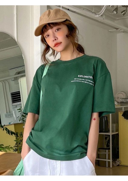 Blacksokak Kadın Yeşil Exploratıon Baskılı Oversize Bisiklet Yaka Tshirt modelleri