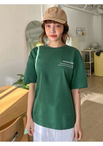 Blacksokak Kadın Yeşil Exploratıon Baskılı Oversize Bisiklet Yaka Tshirt fırsatları