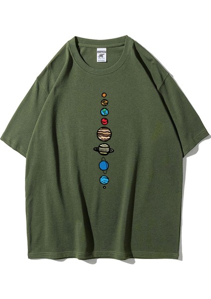 Unisex Haki 9 Gezegen Baskılı Oversize Bisiklet Yaka Tshirt