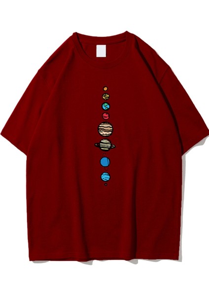 Unisex Bordo 9 Gezegen Baskılı Oversize Bisiklet Yaka Tshirt