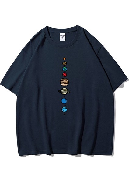 Unisex Lacivert 9 Gezegen Baskılı Oversize Bisiklet Yaka Tshirt