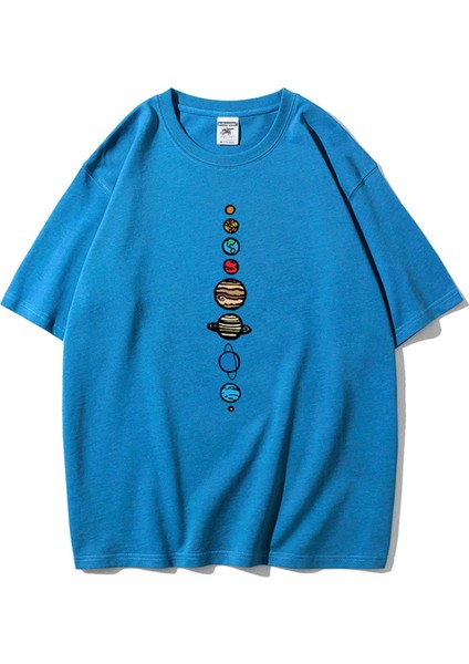 Unisex Mavi 9 Gezegen Baskılı Oversize Bisiklet Yaka Tshirt