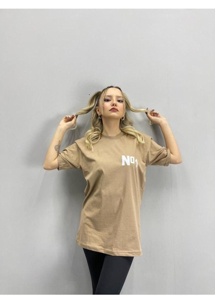 Blacksokak Kadın Açık Kahve No 1 Baskılı Oversize Bisiklet Yaka Tshirt
