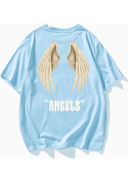 Blacksokak Kadın Açık Mavi Angeles Baskılı Oversize Bisiklet Yaka Tshirt