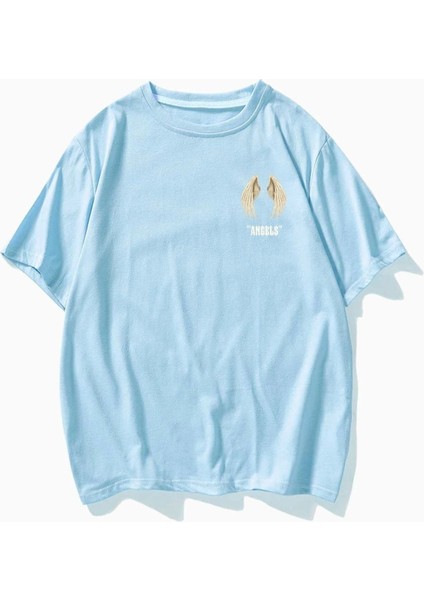 Blacksokak Kadın Açık Mavi Angeles Baskılı Oversize Bisiklet Yaka Tshirt fiyatları