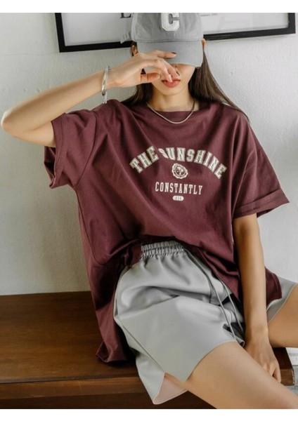 Kadın Kahverengi The Sunshine Baskılı Bisiklet Yaka Oversize T-Shirt modelleri