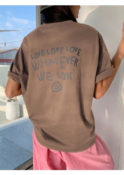 Blacksokak Kadın Açık Kahverengi Love Love Love Baskılı Oversize Bisiklet Yaka Tshirt