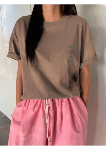 Blacksokak Kadın Açık Kahverengi Love Love Love Baskılı Oversize Bisiklet Yaka Tshirt fiyatları