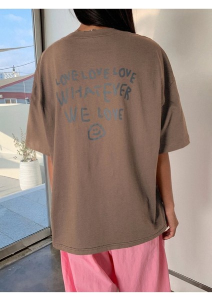 Blacksokak Kadın Açık Kahverengi Love Love Love Baskılı Oversize Bisiklet Yaka Tshirt modelleri