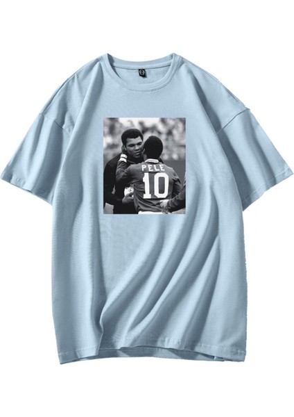 Erkek Açık Mavi Pele Baskılı Oversize Bisiklet Yaka Tshirt