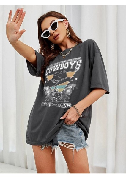 Blacksokak Kadın Antrasit Cowboys Baskılı Oversize Bisiklet Yaka Tshirt