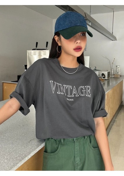 Blacksokak Kadın Antrasit Vintage Baskılı Oversize Bisiklet Yaka Tshirt