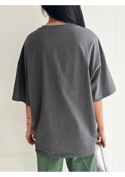 Blacksokak Kadın Antrasit Vintage Baskılı Oversize Bisiklet Yaka Tshirt
