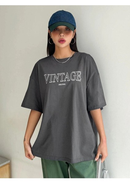Blacksokak Kadın Antrasit Vintage Baskılı Oversize Bisiklet Yaka Tshirt