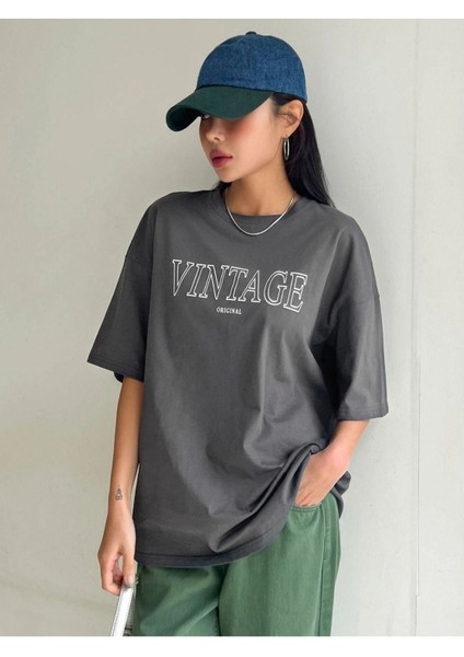 Blacksokak Kadın Antrasit Vintage Baskılı Oversize Bisiklet Yaka Tshirt