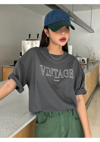 Blacksokak Kadın Antrasit Vintage Baskılı Oversize Bisiklet Yaka Tshirt