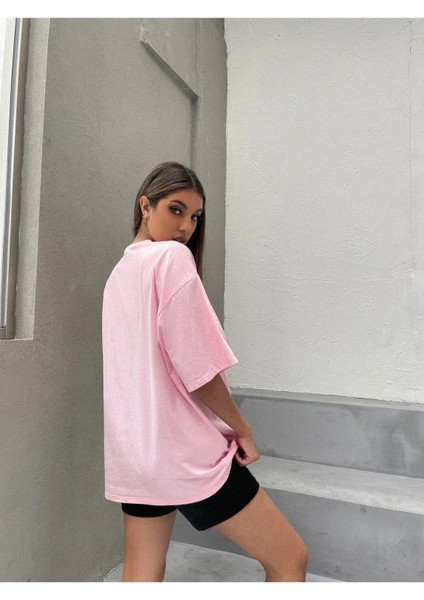 Blacksokak Kadın Bebe Pembe Save Our Seas Baskılı Oversize Bisiklet Yaka Tshirt