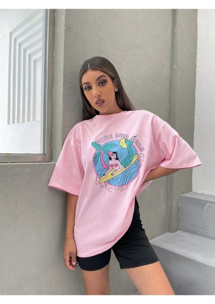 Blacksokak Kadın Bebe Pembe Save Our Seas Baskılı Oversize Bisiklet Yaka Tshirt