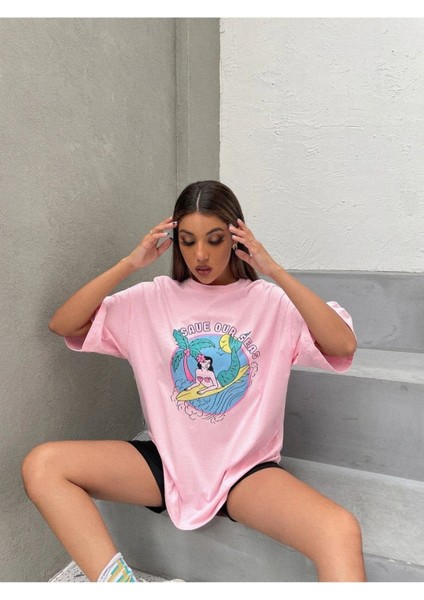 Blacksokak Kadın Bebe Pembe Save Our Seas Baskılı Oversize Bisiklet Yaka Tshirt