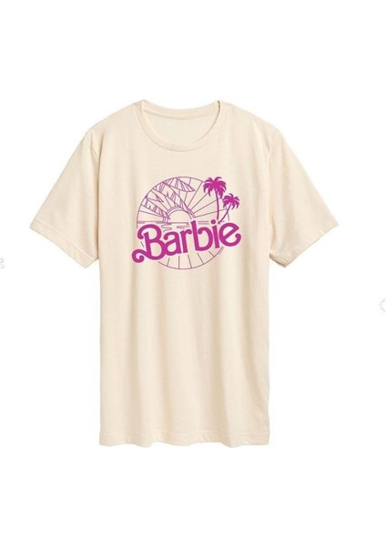Kadın Bej Barbie Baskılı Oversize Bisiklet Yaka Tişört
