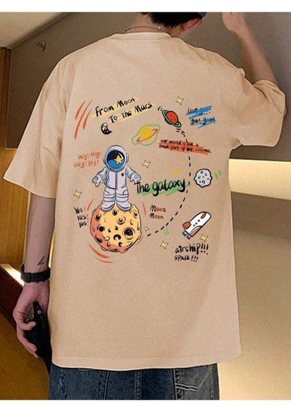Blacksokak Unisex Bej The Galaxy Gezegen Baskılı Oversize Bisiklet Yaka Tshirt